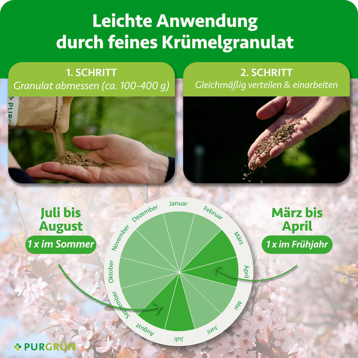 Anwendung: ca. 100–400 g Granulat abmessen, gleichmäßig verteilen und einarbeiten; 1-mal im März bis April und 1-mal im Juli bis August.