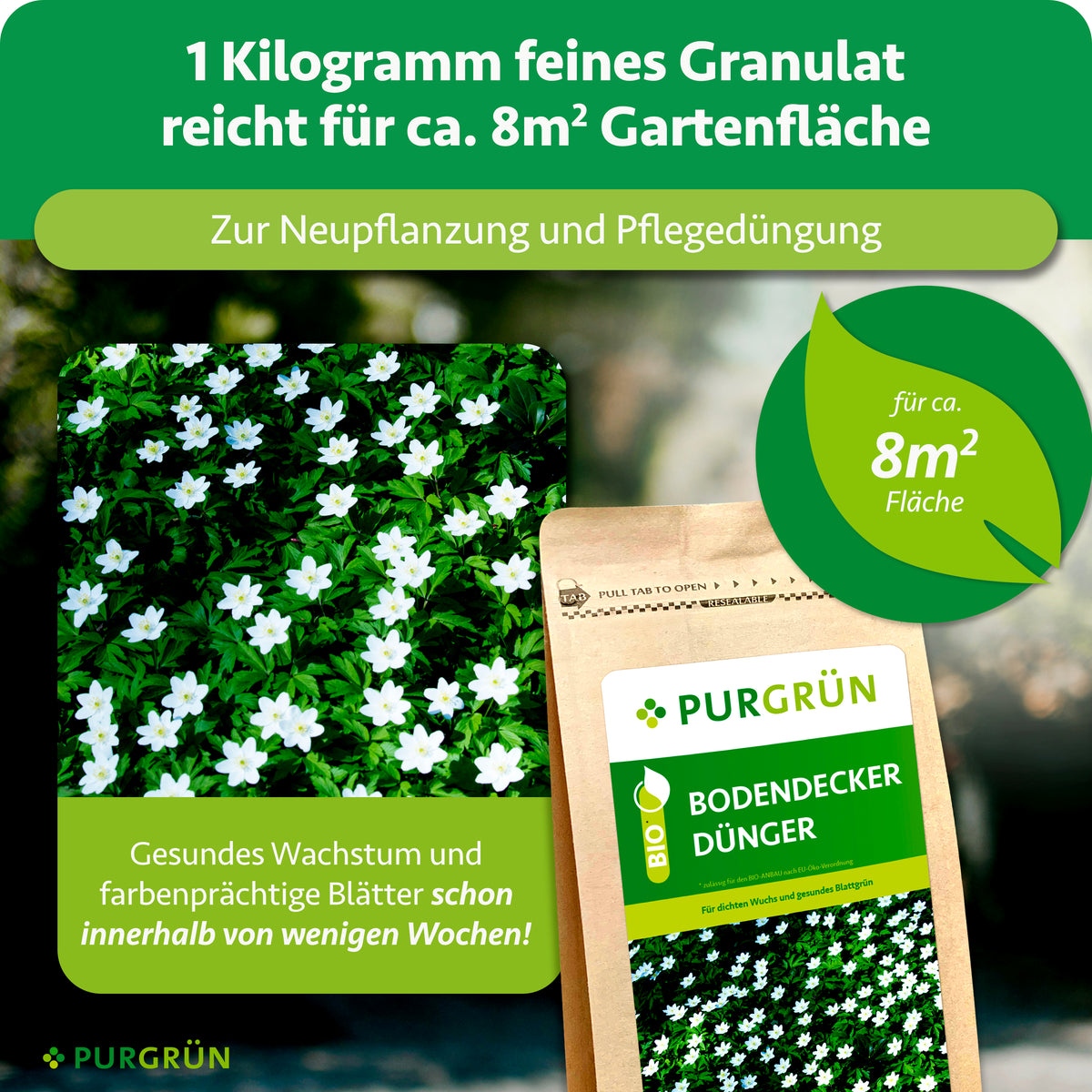 1 kg feines Granulat reicht für ca. 8 m² Gartenfläche und eignet sich zur Neupflanzung und Pflegedüngung.