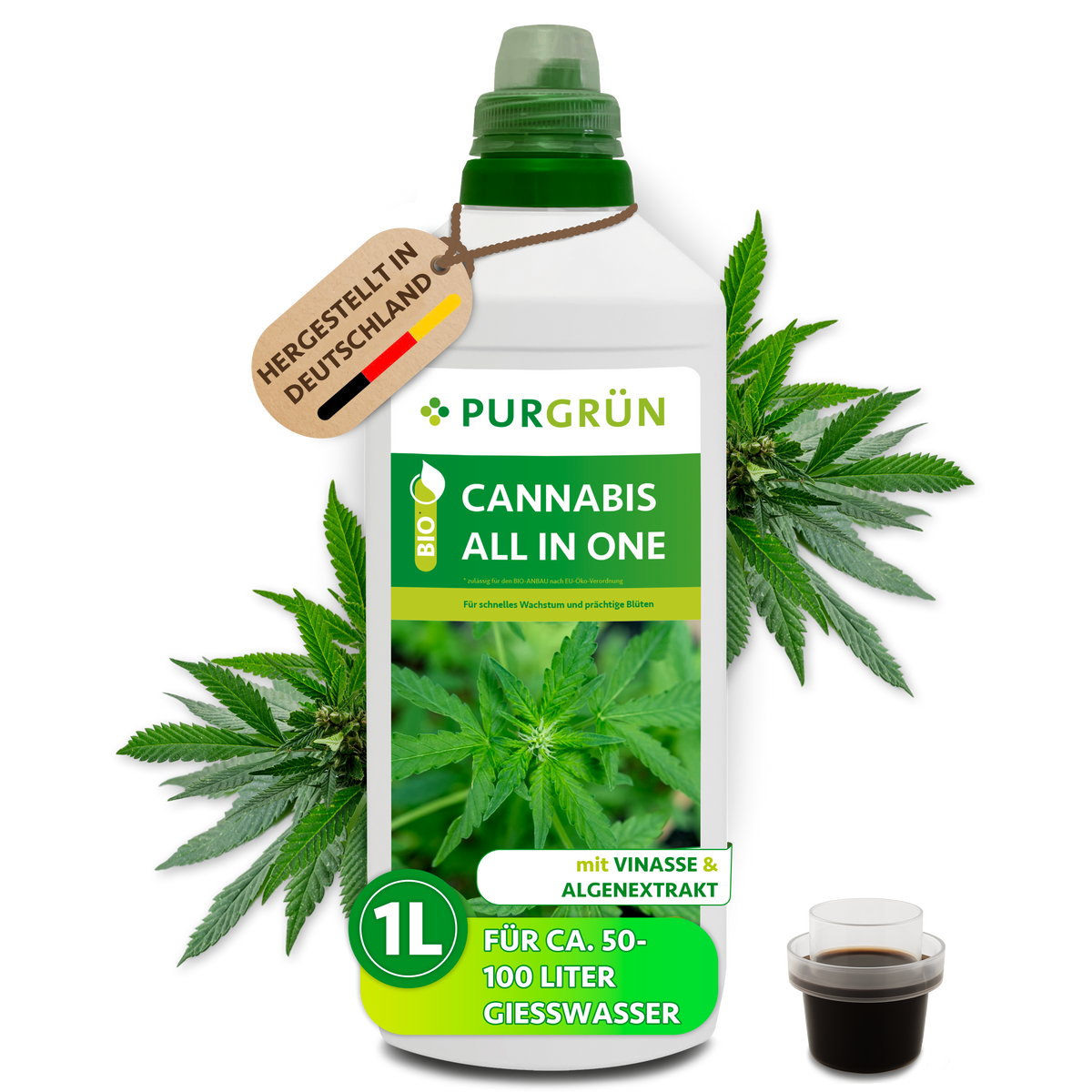 Bio-Cannabis-All-In-One-Dünger, 1 Liter, mit Dosierkappe und Cannabisblättern; reicht für ca. 50–100 Liter Gießwasser.