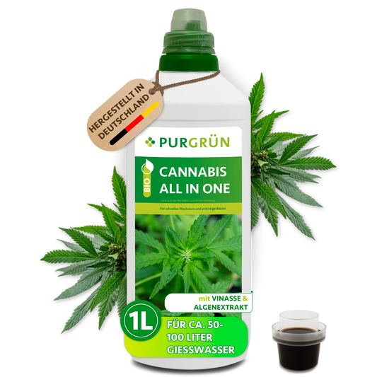 Bio-Cannabis-All-In-One-Dünger, 1 Liter, mit Dosierkappe und Cannabisblättern; reicht für ca. 50–100 Liter Gießwasser.