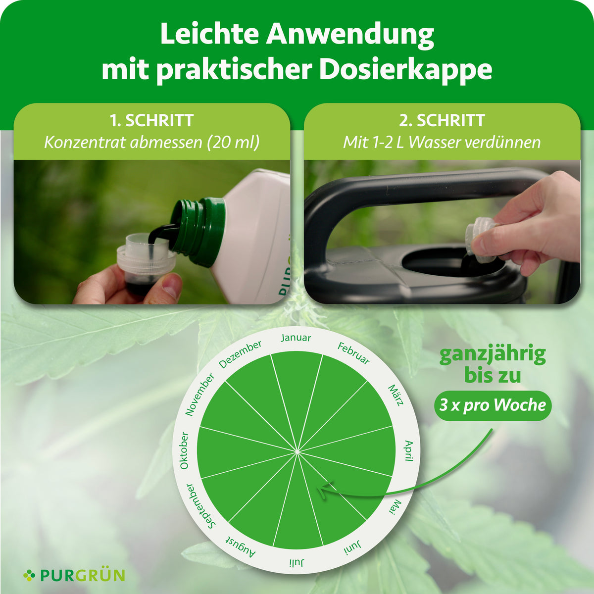 Anwendung: 20 ml Konzentrat abmessen, mit 1–2 Liter Wasser verdünnen und ganzjährig bis zu 3-mal pro Woche verwenden.