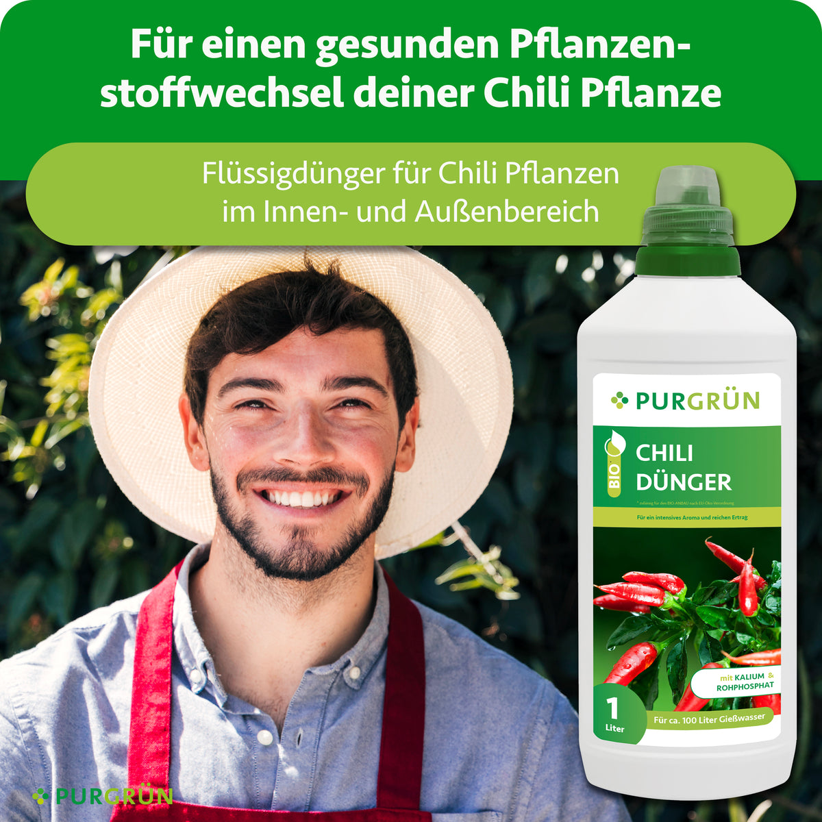 Flüssigdünger für Chilipflanzen im Innen- und Außenbereich zur Unterstützung eines gesunden Pflanzenstoffwechsels; daneben ein lächelnder Gärtner.