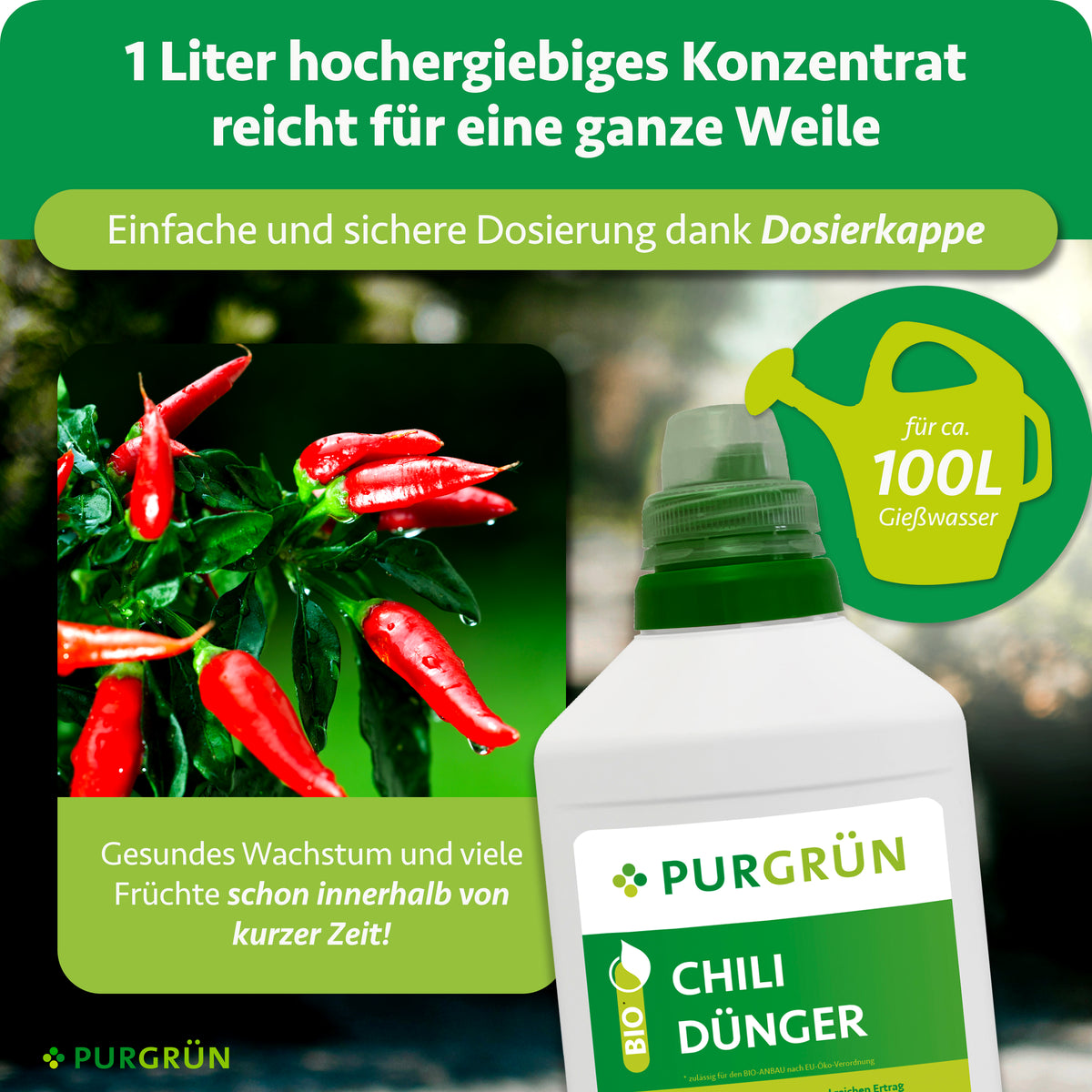 1 Liter hochergiebiges Konzentrat reicht dank Dosierkappe für ca. 100 Liter Gießwasser; beworben werden gesundes Wachstum und viele Früchte innerhalb kurzer Zeit.