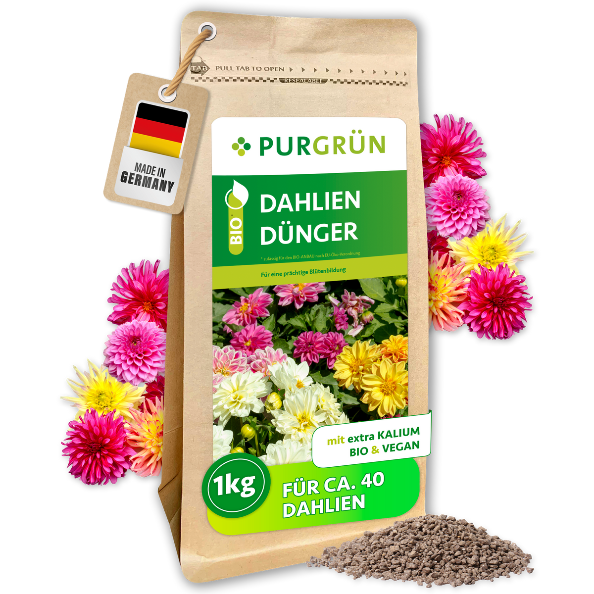 Purgrün Bio-Dahlien-Dünger im 1-kg-Beutel, für ca. 40 Dahlien und mit extra Kalium, umgeben von Dahlienblüten und Granulat.