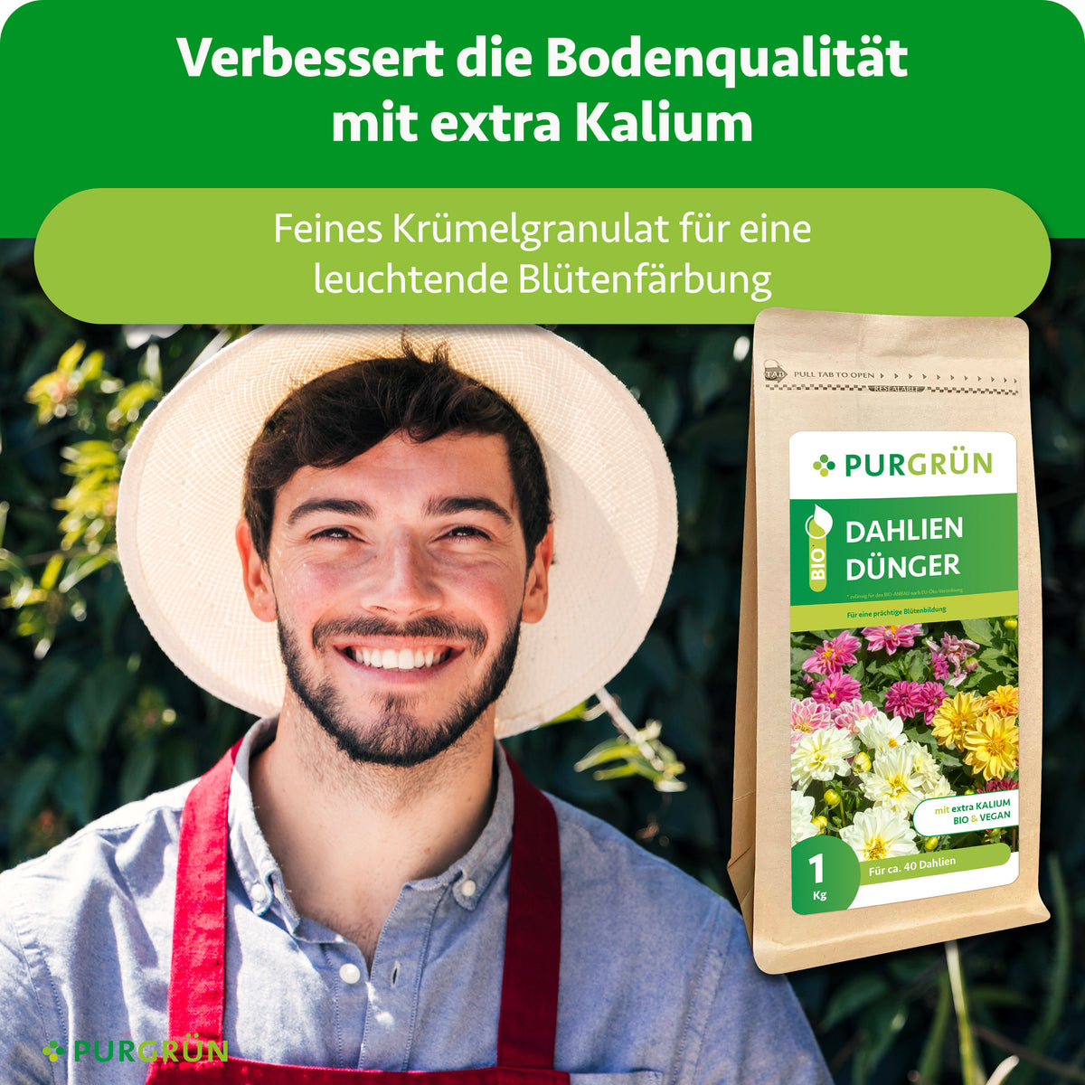 Extra Kalium verbessert die Bodenqualität; feines Krümelgranulat fördert eine leuchtende Blütenfärbung.