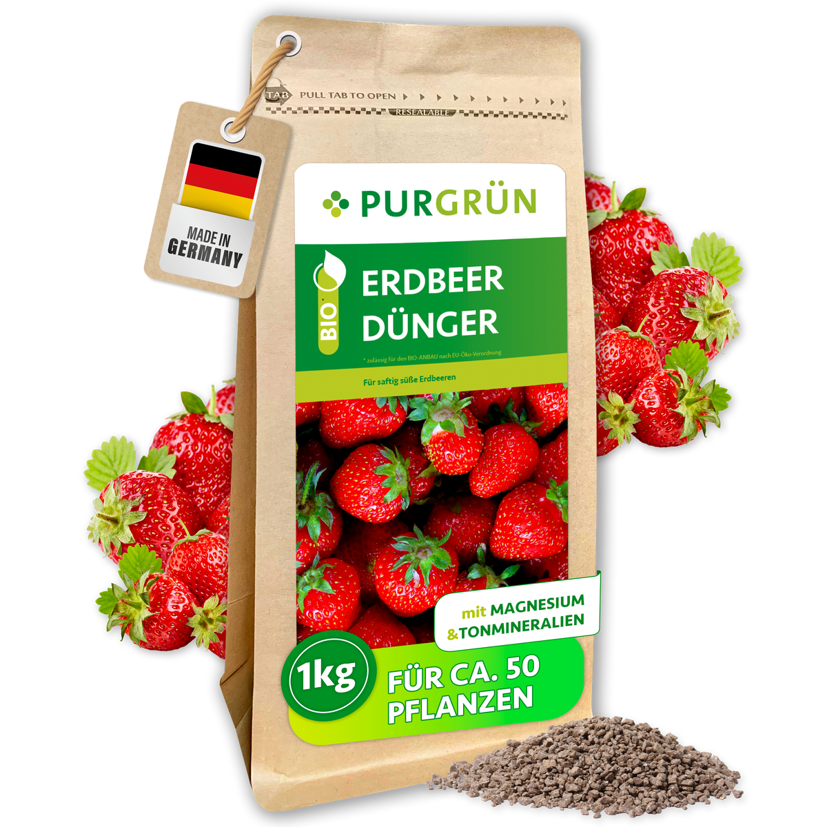 Standbeutel Purgrün Bio-Erdbeerdünger, 1 kg, für ca. 50 Pflanzen, umgeben von Erdbeeren und Granulat.