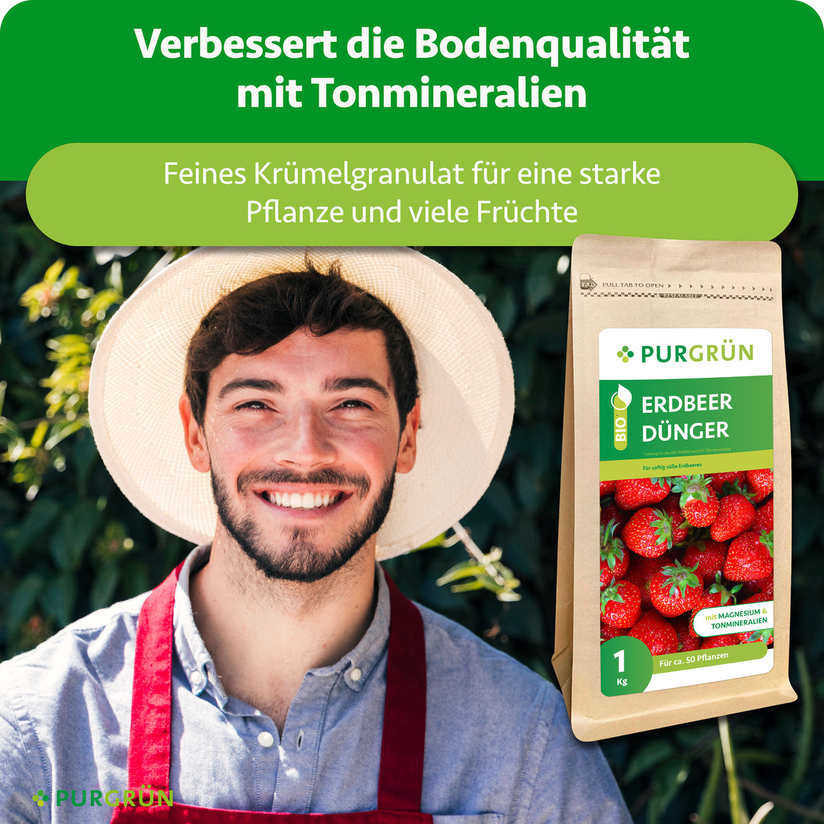 Bio-Erdbeerdünger mit Tonmineralien zur Verbesserung der Bodenqualität; feines Krümelgranulat für starke Pflanzen und viele Früchte.
