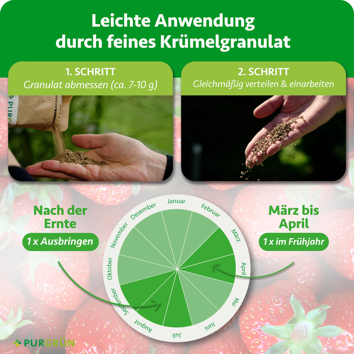 Anwendung: ca. 7–10 g Granulat abmessen, gleichmäßig verteilen und einarbeiten; 1-mal von März bis April und 1-mal nach der Ernte ausbringen.
