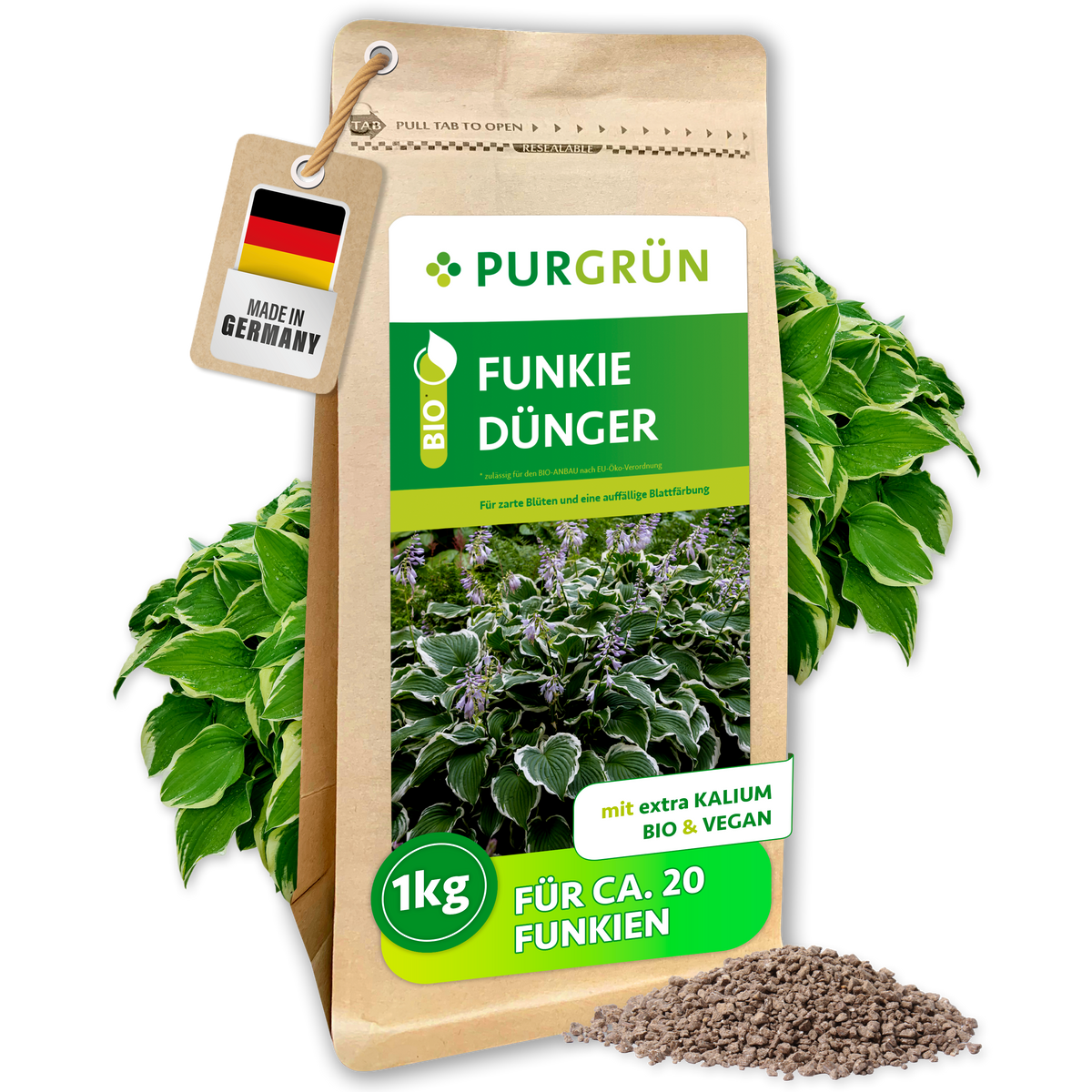 Purgrün Bio-Funkie-Dünger im 1-kg-Standbeutel mit Funkienblättern und feinem Granulat.