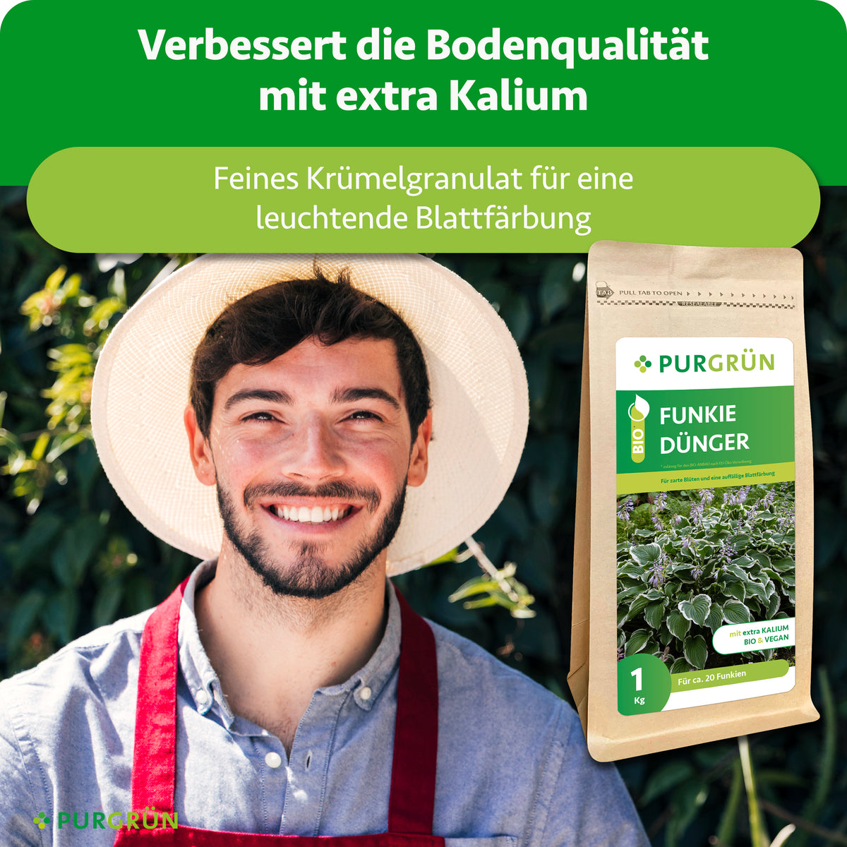 Extra Kalium verbessert die Bodenqualität; feines Krümelgranulat dient einer leuchtenden Blattfärbung.