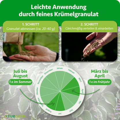 Ca. 20–40 g Granulat abmessen, gleichmäßig verteilen und einarbeiten. Einmal im Frühjahr von März bis April und einmal im Sommer von Juli bis August düngen.