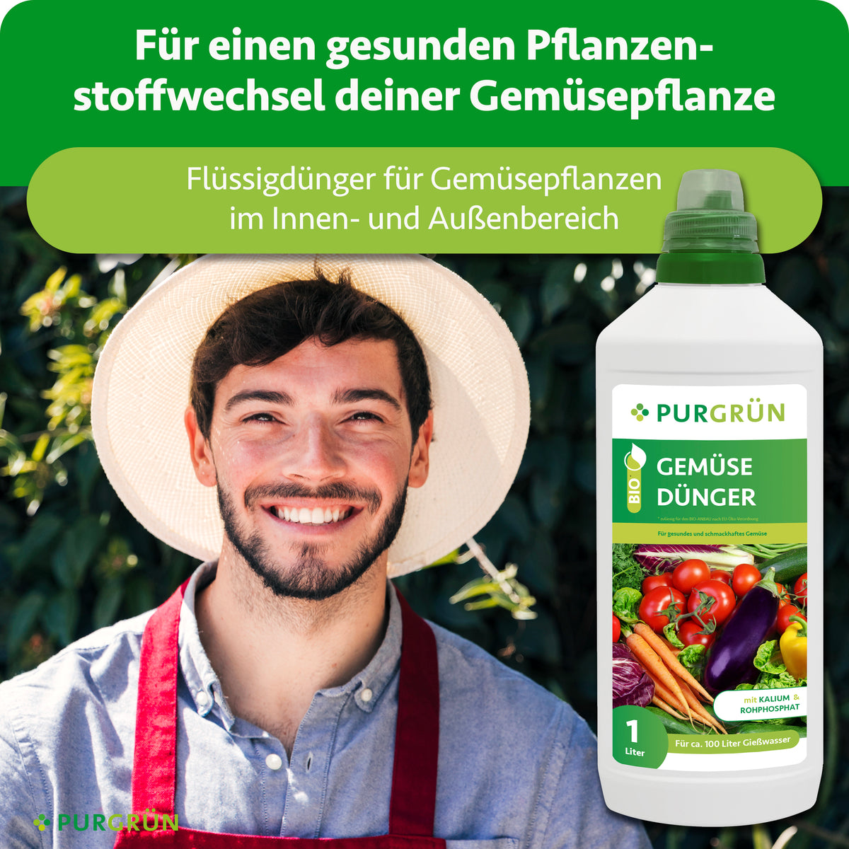 Flüssigdünger für Gemüsepflanzen im Innen- und Außenbereich, dargestellt neben einem lächelnden Gärtner; unterstützt laut Bildaussage einen gesunden Pflanzenstoffwechsel.