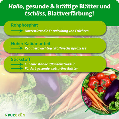 Rohphosphat unterstützt die Fruchtentwicklung, ein hoher Kaliumanteil reguliert wichtige Stoffwechselprozesse und Stickstoff fördert eine stabile Pflanzenstruktur sowie gesunde, sattgrüne Blätter.