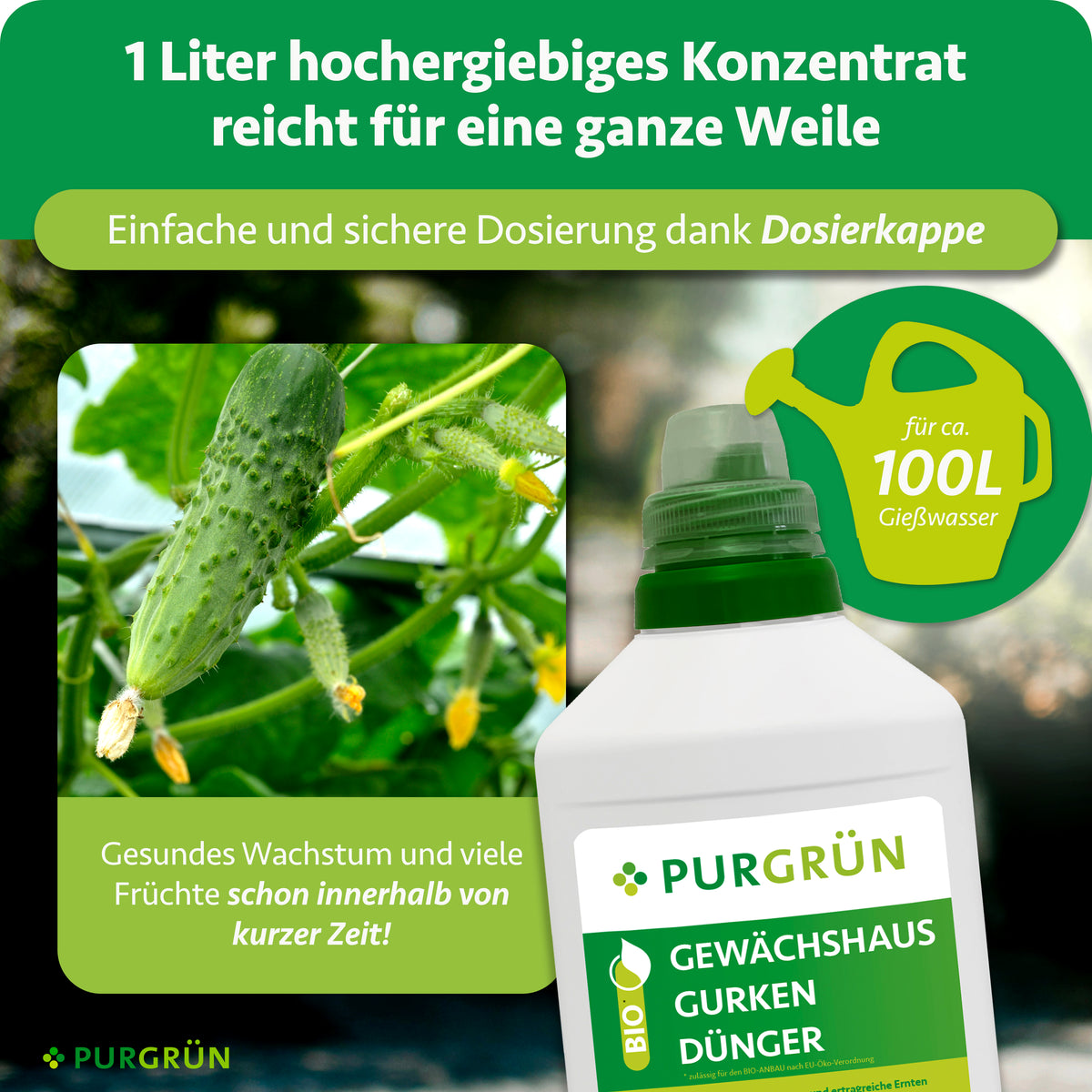 1 Liter Konzentrat reicht für ca. 100 Liter Gießwasser und lässt sich dank Dosierkappe einfach und sicher dosieren.
