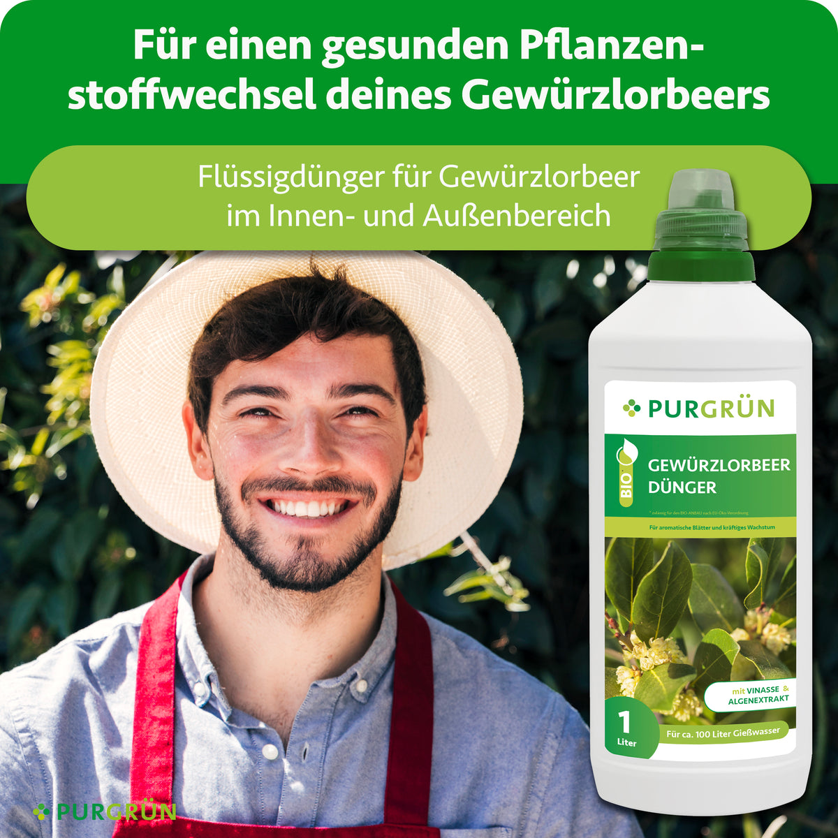 Flüssigdünger für Gewürzlorbeer im Innen- und Außenbereich; daneben ein lächelnder Gärtner und die 1-Liter-Flasche.