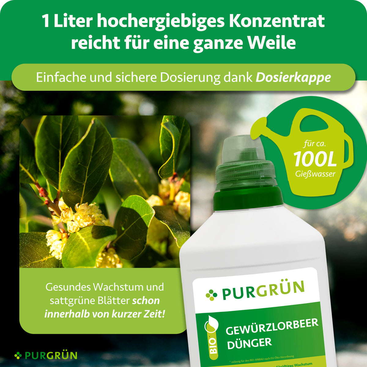 1 Liter Konzentrat reicht für ca. 100 Liter Gießwasser; die Dosierkappe ermöglicht eine einfache und sichere Dosierung.