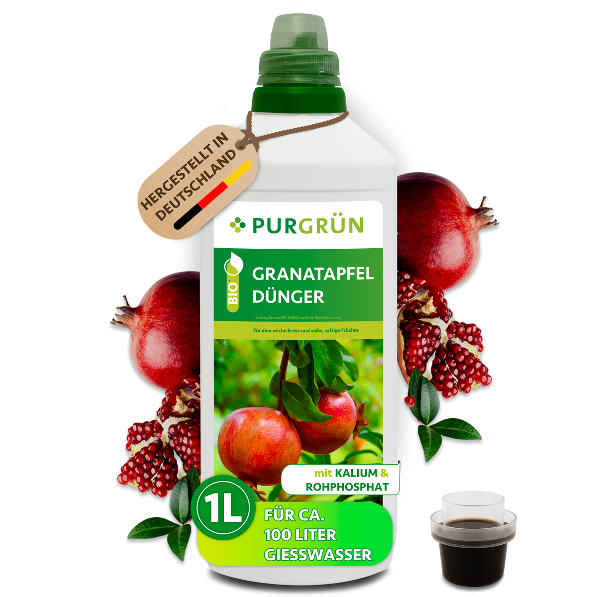 Purgrün Bio-Granatapfel-Dünger, 1 Liter, mit Dosierkappe; Konzentrat für ca. 100 Liter Gießwasser.