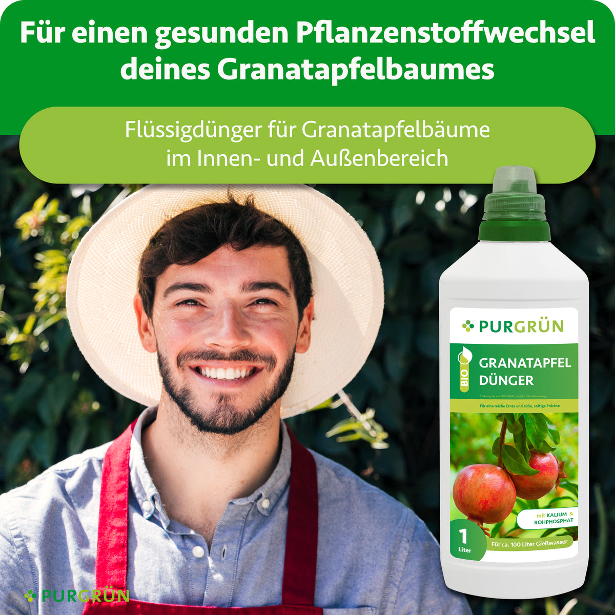Flüssigdünger für Granatapfelbäume im Innen- und Außenbereich, zur Unterstützung eines gesunden Pflanzenstoffwechsels.