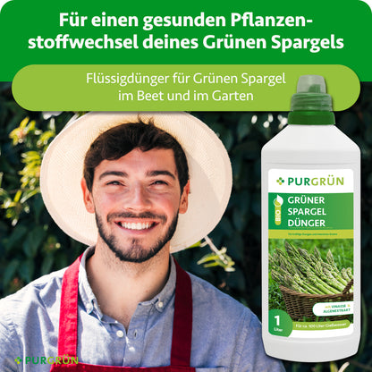 Flüssigdünger für grünen Spargel im Beet und Garten zur Unterstützung eines gesunden Pflanzenstoffwechsels, dargestellt neben einem lächelnden Gärtner.