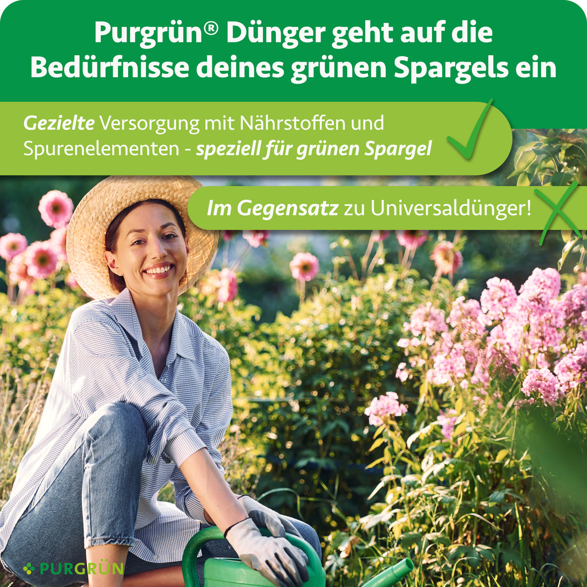 Gezielte Versorgung mit Nährstoffen und Spurenelementen speziell für grünen Spargel, im Gegensatz zu Universaldünger.