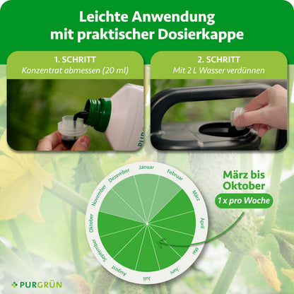Anwendung: 20 ml Konzentrat abmessen, mit 2 Litern Wasser verdünnen und von März bis Oktober einmal pro Woche düngen.