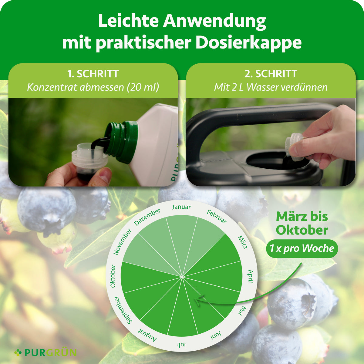 Anwendung von März bis Oktober einmal pro Woche: 20 ml Konzentrat abmessen und mit 2 Litern Wasser verdünnen.