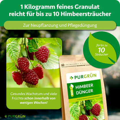 1 kg feines Granulat reicht für bis zu 10 Himbeersträucher und dient zur Neupflanzung sowie Pflegedüngung.