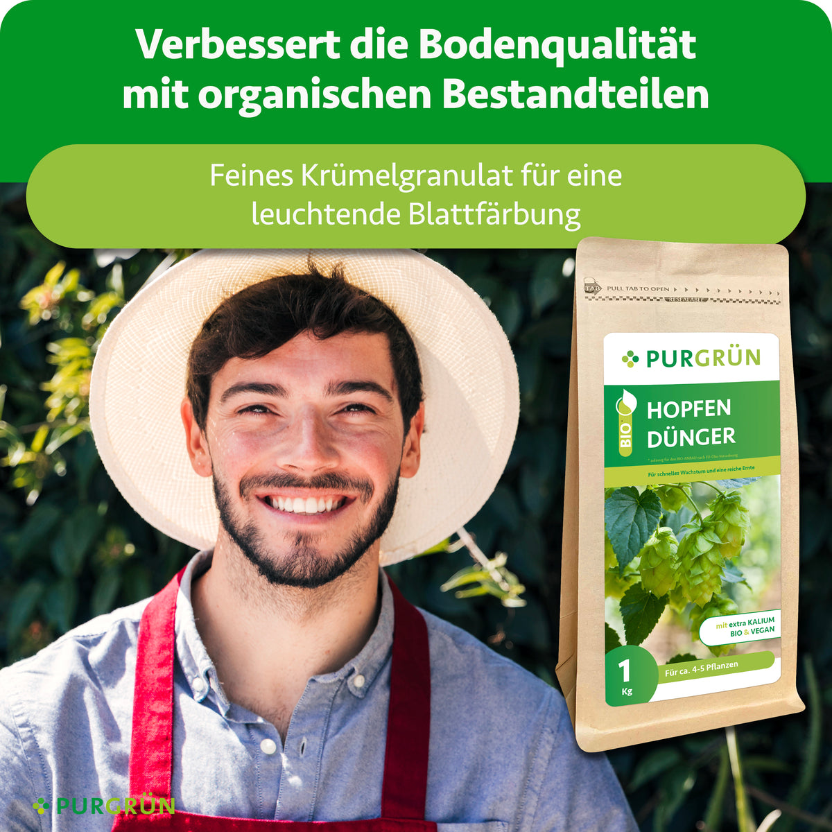 Der Bio-Hopfen-Dünger verbessert die Bodenqualität mit organischen Bestandteilen; feines Krümelgranulat sorgt für eine leuchtende Blattfärbung.