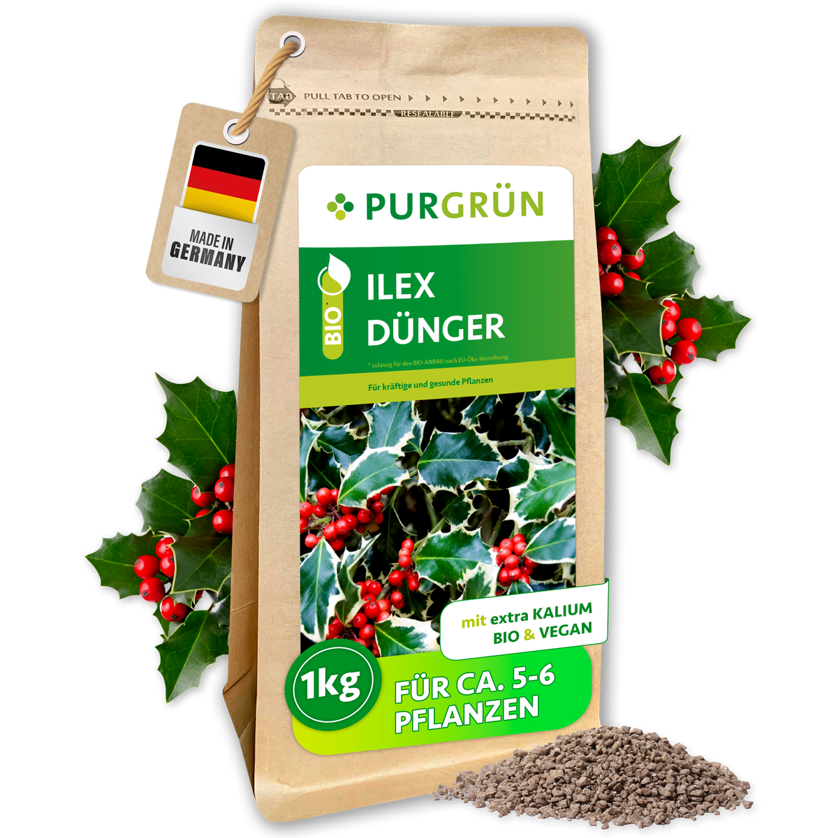 Purgrün Bio-Ilex-Dünger im 1-kg-Standbeutel mit Ilexblättern, roten Beeren und feinem Granulat.
