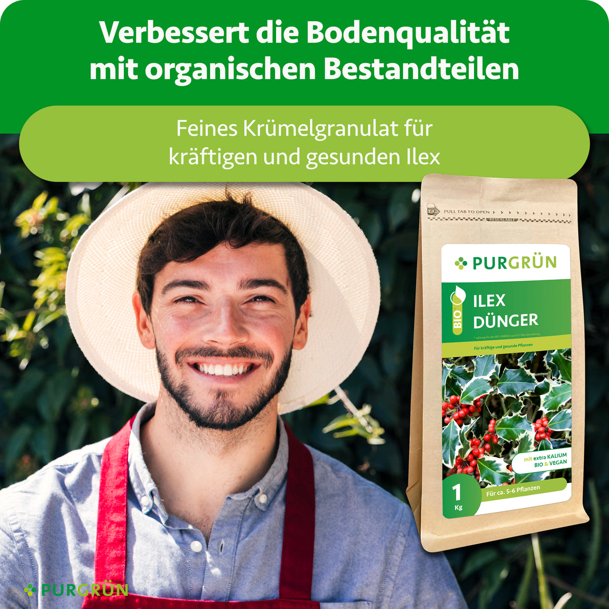 Organische Bestandteile verbessern die Bodenqualität; feines Krümelgranulat unterstützt kräftigen und gesunden Ilex.