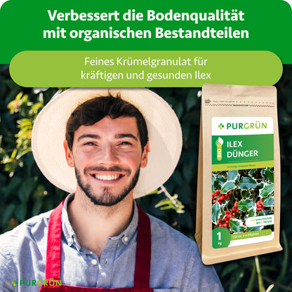 Organische Bestandteile verbessern die Bodenqualität; feines Krümelgranulat unterstützt kräftigen und gesunden Ilex.