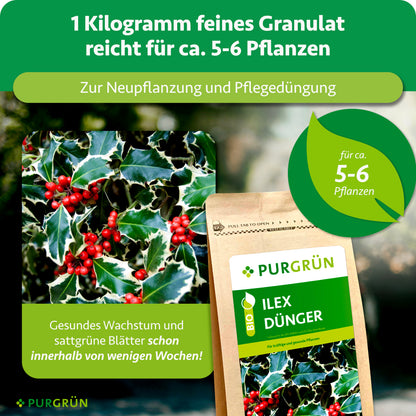 1 kg feines Granulat reicht für ca. 5–6 Pflanzen und eignet sich zur Neupflanzung und Pflegedüngung.