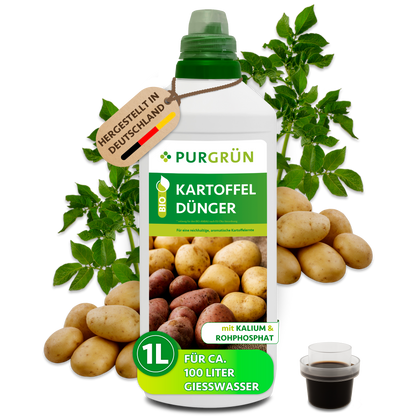 1-Liter-Flasche Purgrün Bio-Kartoffeldünger mit Dosierkappe, Kartoffeln und Kartoffelpflanze; Konzentrat für ca. 100 Liter Gießwasser.