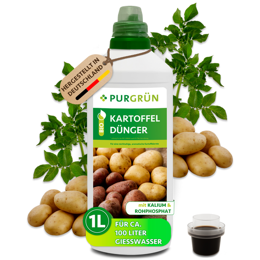 1-Liter-Flasche Purgrün Bio-Kartoffeldünger mit Dosierkappe, Kartoffeln und Kartoffelpflanze; Konzentrat für ca. 100 Liter Gießwasser.