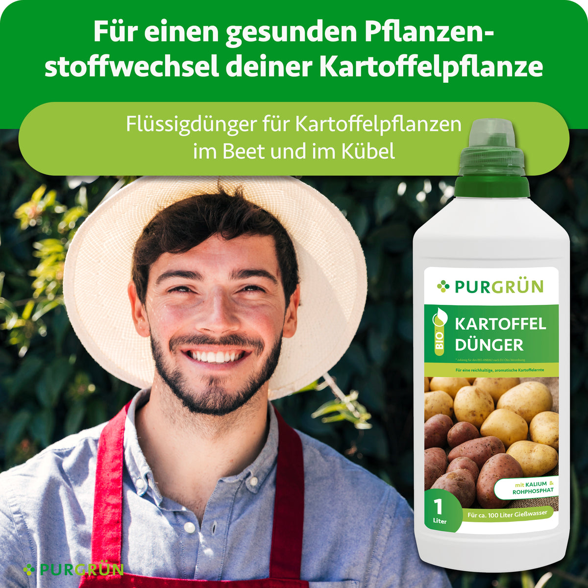 Gärtner neben einer Flasche Purgrün Bio-Kartoffeldünger; Flüssigdünger für Kartoffelpflanzen im Beet und im Kübel, für einen gesunden Pflanzenstoffwechsel.