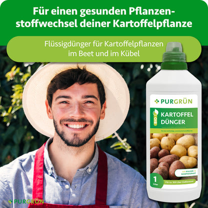 Gärtner neben einer Flasche Purgrün Bio-Kartoffeldünger; Flüssigdünger für Kartoffelpflanzen im Beet und im Kübel, für einen gesunden Pflanzenstoffwechsel.