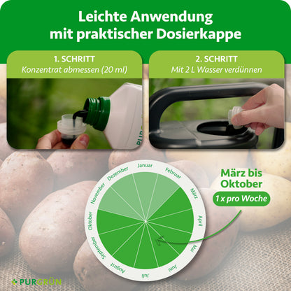 Anwendung: 20 ml Konzentrat abmessen, mit 2 Litern Wasser verdünnen und von März bis Oktober einmal pro Woche ausbringen.