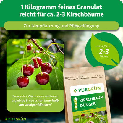 1 kg feines Granulat reicht für ca. 2–3 Kirschbäume und eignet sich zur Neupflanzung und Pflegedüngung.