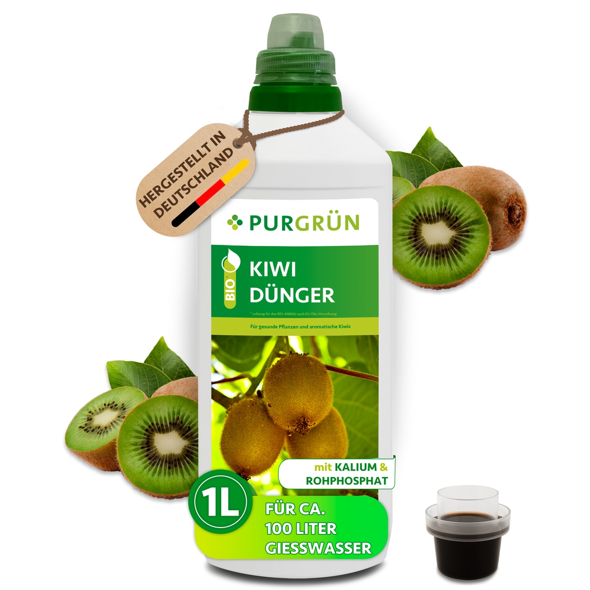 1-Liter-Flasche Purgrün Bio-Kiwi-Dünger mit Kiwifrüchten, Dosierkappe und Anhänger „Hergestellt in Deutschland“.
