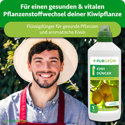 Purgrün Bio-Kiwi-Dünger für einen gesunden, vitalen Pflanzenstoffwechsel und aromatische Kiwis; daneben steht ein lächelnder Gärtner.