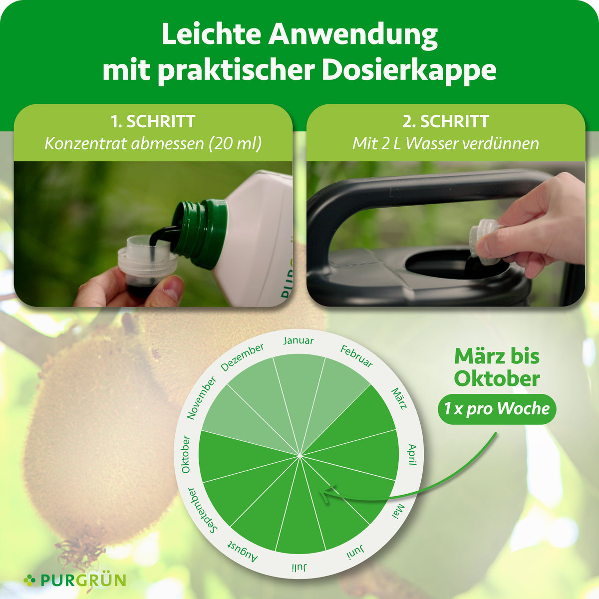 Anwendung: 20 ml Konzentrat abmessen, mit 2 Litern Wasser verdünnen und von März bis Oktober einmal pro Woche ausbringen.