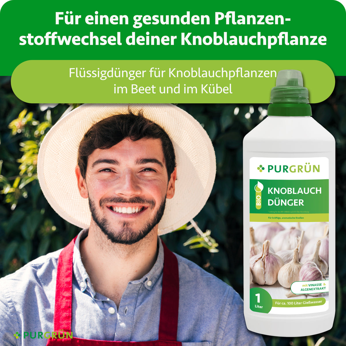 Flüssigdünger für Knoblauchpflanzen im Beet und Kübel, dargestellt mit einem Gärtner und der 1-Liter-Flasche.