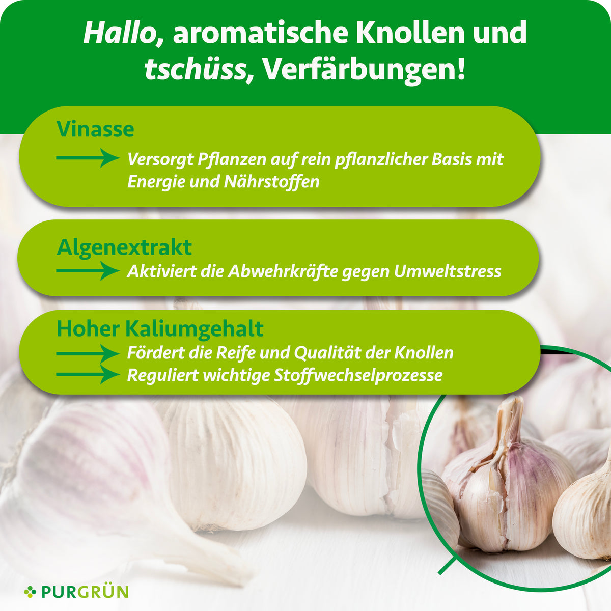 Vinasse liefert Energie und Nährstoffe, Algenextrakt aktiviert die Abwehrkräfte gegen Umweltstress; hoher Kaliumgehalt fördert Reife und Knollenqualität.