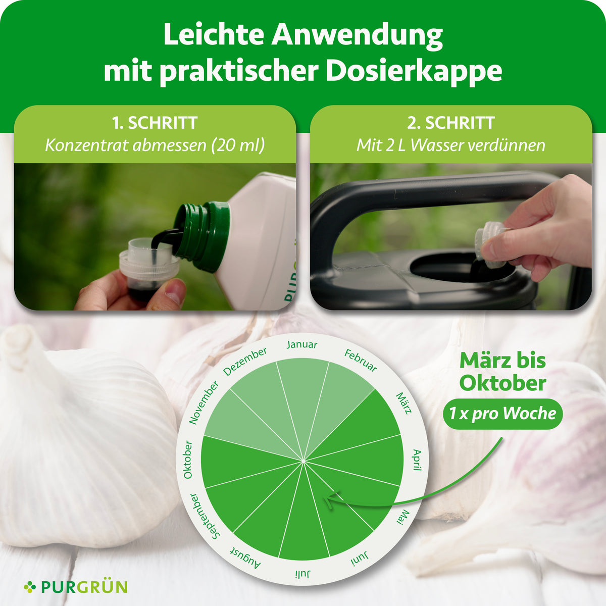 Anwendung von März bis Oktober einmal pro Woche: 20 ml Konzentrat abmessen und mit 2 Litern Wasser verdünnen.