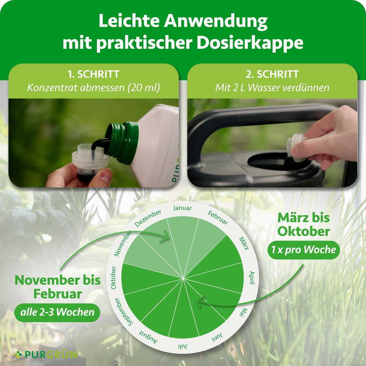 Anwendung: 20 ml Konzentrat abmessen und mit 2 L Wasser verdünnen. Von März bis Oktober 1× pro Woche, von November bis Februar alle 2–3 Wochen düngen.