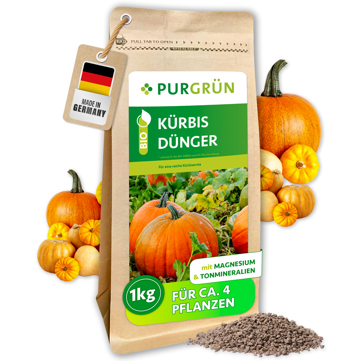 Purgrün Bio-Kürbisdünger im 1-kg-Beutel, mit Magnesium und Tonmineralien für ca. 4 Pflanzen.
