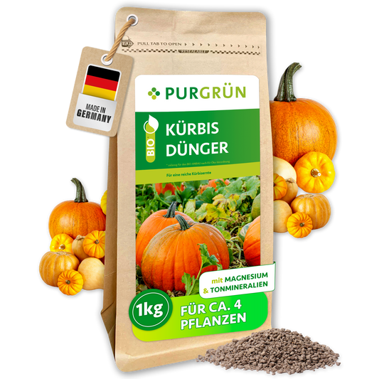 Purgrün Bio-Kürbisdünger im 1-kg-Beutel, mit Magnesium und Tonmineralien für ca. 4 Pflanzen.