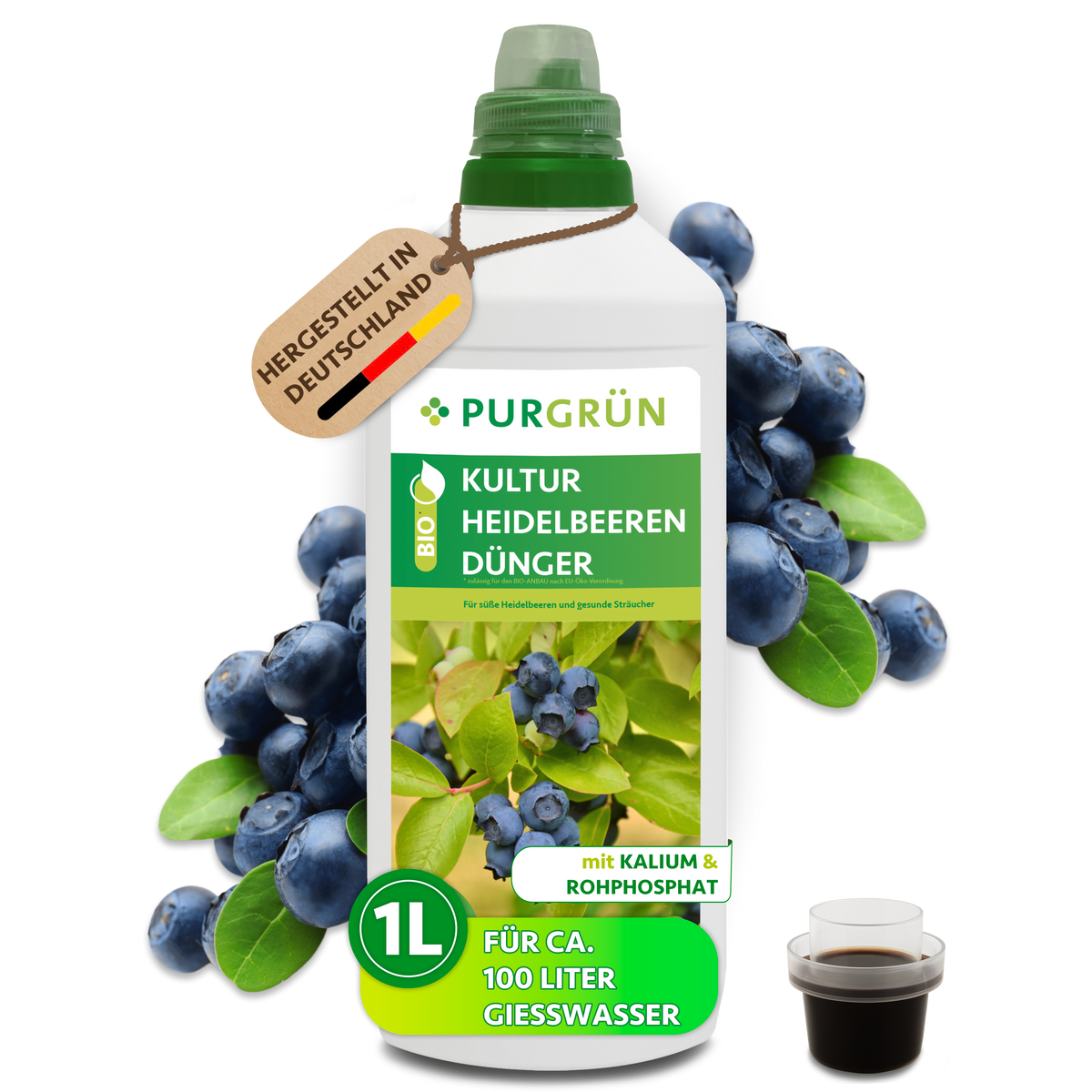 Purgrün Bio-Kulturheidelbeeren-Dünger, 1 Liter, mit Dosierkappe; ausreichend für ca. 100 Liter Gießwasser.