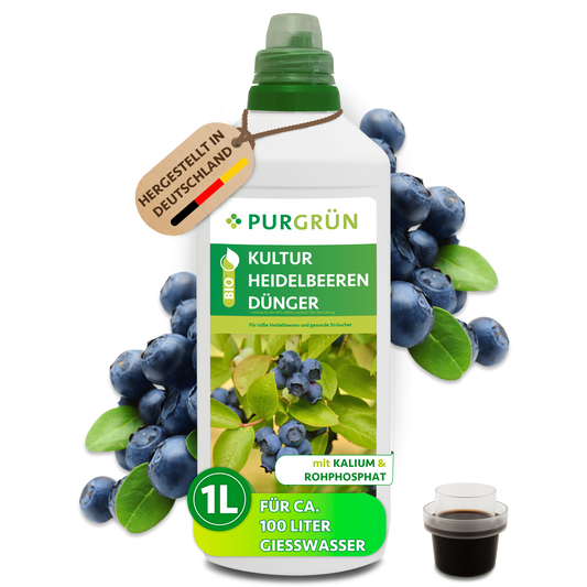 Purgrün Bio-Kulturheidelbeeren-Dünger, 1 Liter, mit Dosierkappe; ausreichend für ca. 100 Liter Gießwasser.