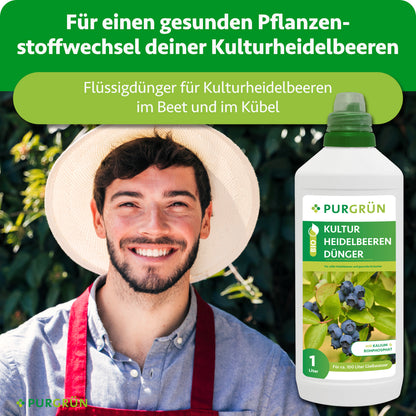 Flüssigdünger für einen gesunden Pflanzenstoffwechsel von Kulturheidelbeeren im Beet und im Kübel, dargestellt neben einem lächelnden Gärtner.